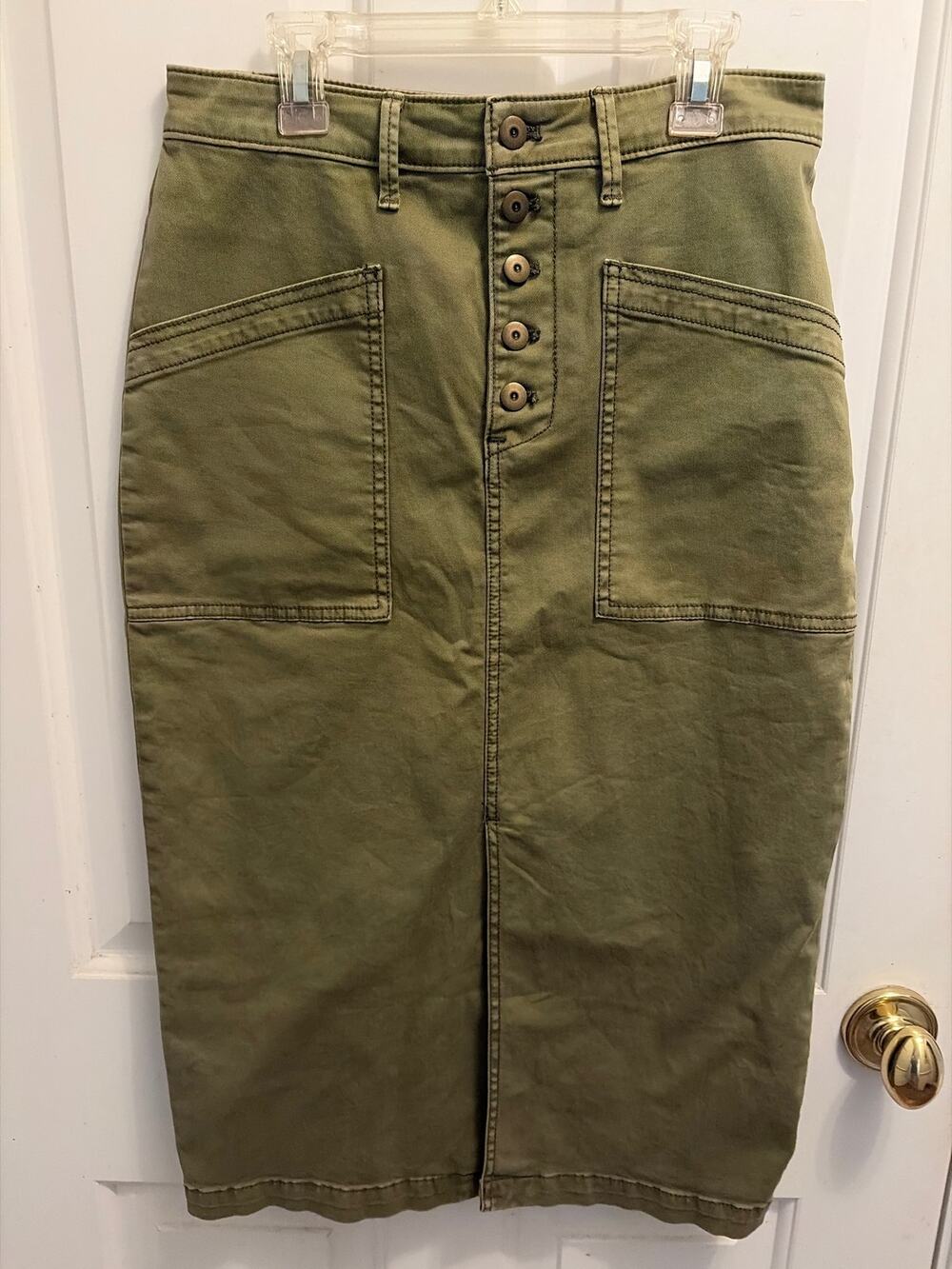 Anthropologie Green Khaki Utility Midi Skirt Button Front Cargo Pockets Size 4